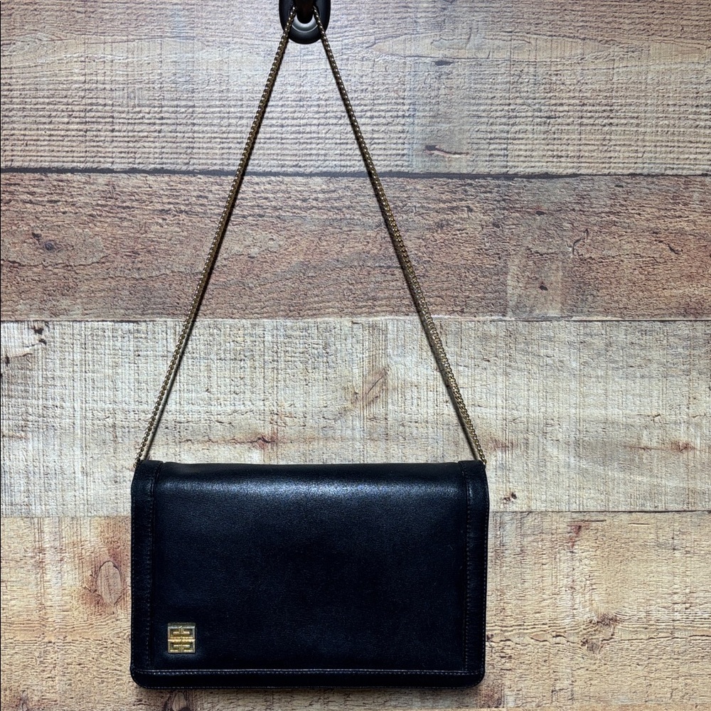 Vintage Givenchy Black Leather Clutch Crossbody Bag with Gold Chain - Picture 2 of 16